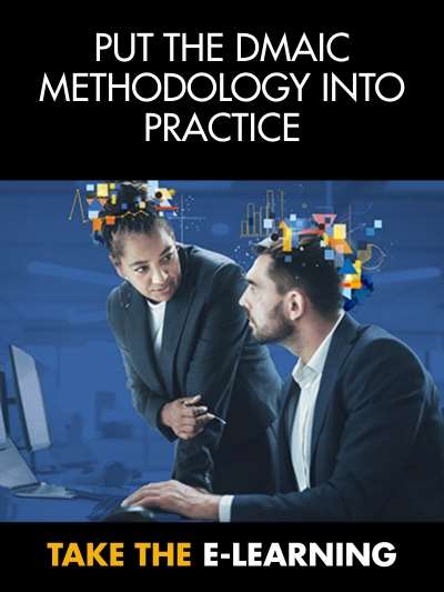 Two people conversing advertising eLearning for putting the DMAIC method into practice.