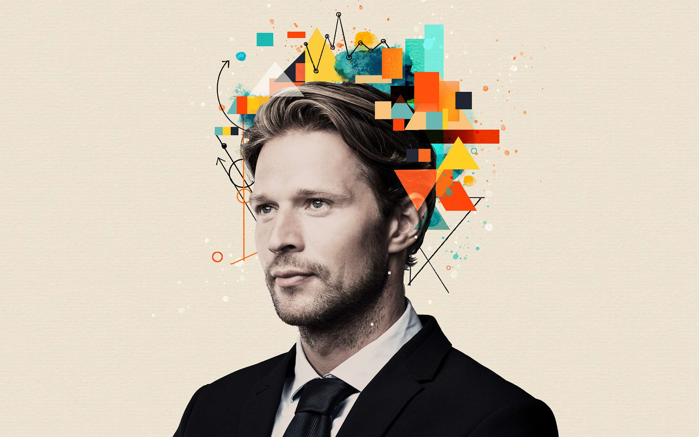Man with abstract image above him.