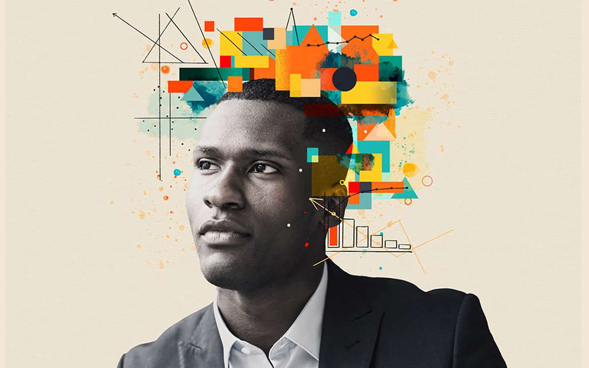 Business man surrounded by abstract design