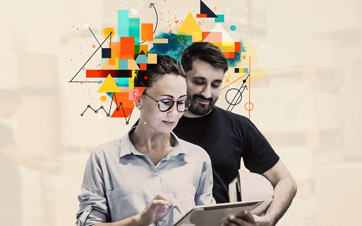 Two professionals looking at a tablet surrounded by an abstract design