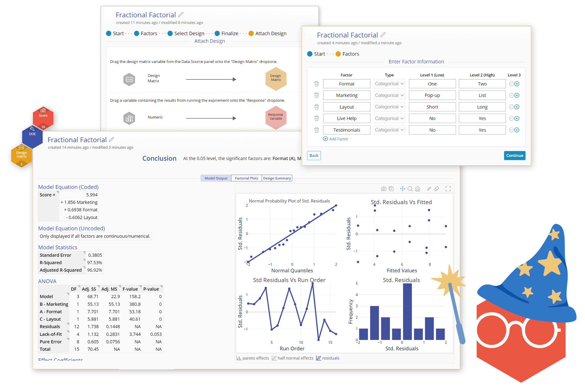 Screen captures demonstrating EngineRoom’s Design of Experiments (DOE) and process modeling tools