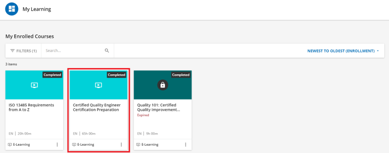 Screenshot of certificate of enrolled courses