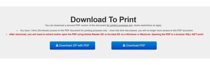 Screenshot of Download to Print message