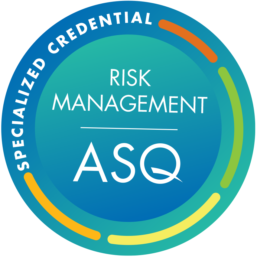 The Risk Management specialized credential digital badge that learners receive when they pass the specialized credential exam. Badge is circular with primarily blue and green tones.